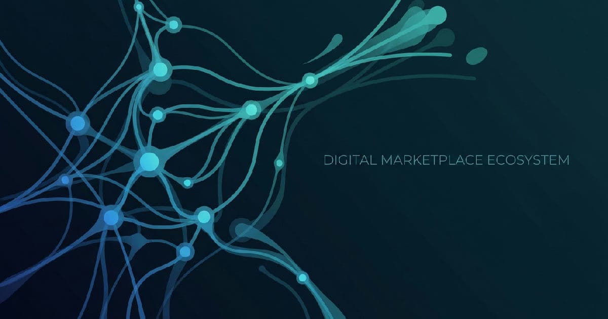 Abstract blue and teal neural network with interconnected nodes and flowing data pathways.