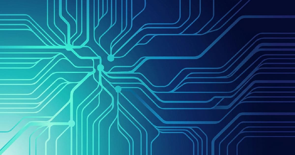 Abstract blue and teal neural network nodes connected by flowing data pathways in clean vector style.