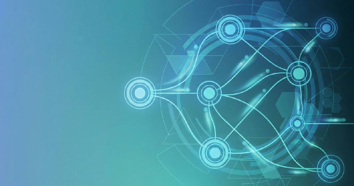 Abstract neural network visualization with blue and teal interconnected nodes and data flows.