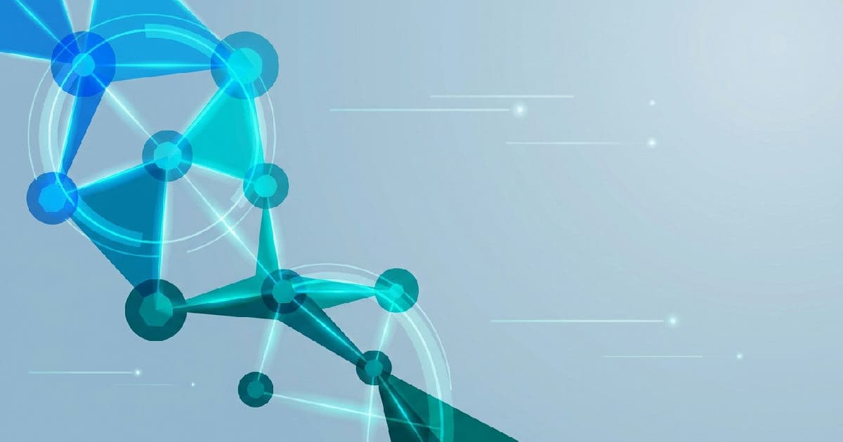 Abstract neural network diagram with blue and teal nodes connected by glowing data pathways.