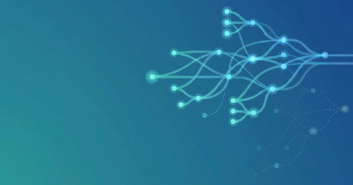 Abstract blue and teal neural network with flowing data pathways and interconnected nodes.