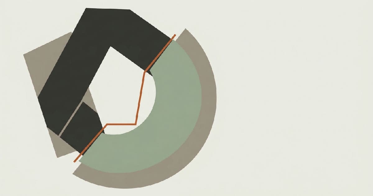 Two abstract shapes interlocking, muted palette with orange accent line, minimalist vector illustration.