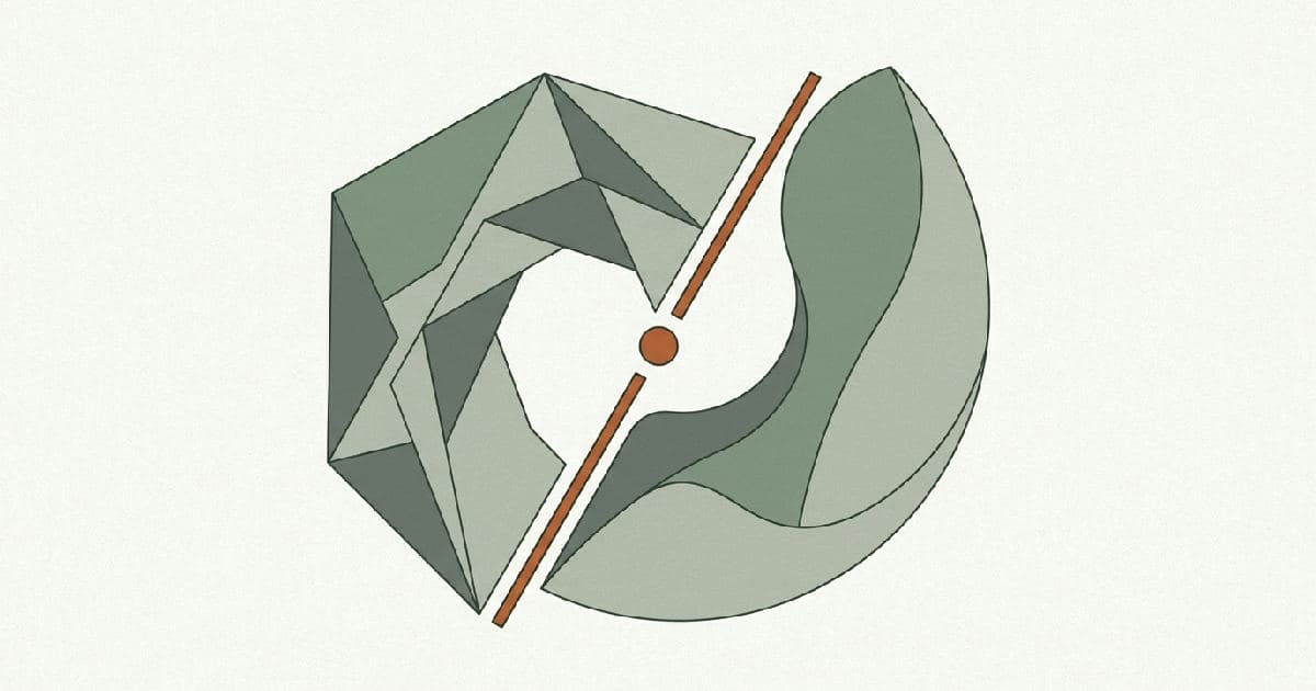 Two abstract geometric shapes interlocking in muted tones with an orange accent.