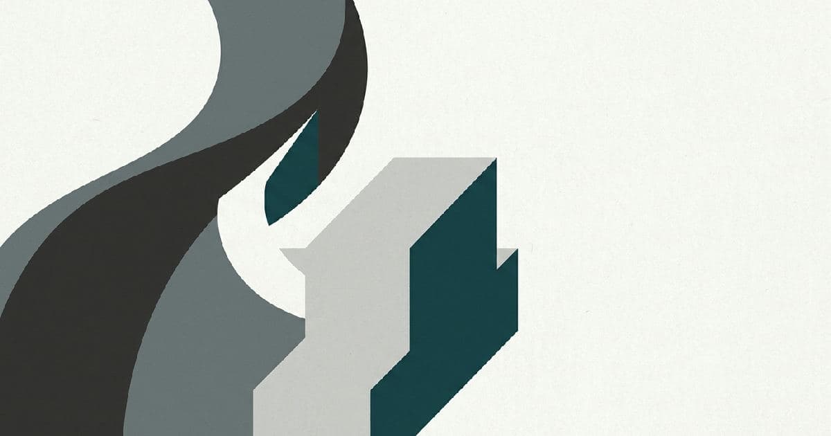 Two abstract geometric shapes interlocking in minimalist style with muted tones and one accent colour.