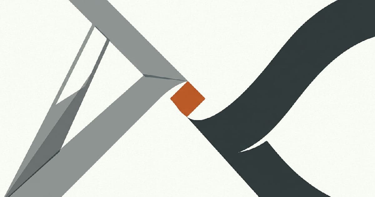 Two abstract shapes converging at center point with burnt-orange accent highlight.