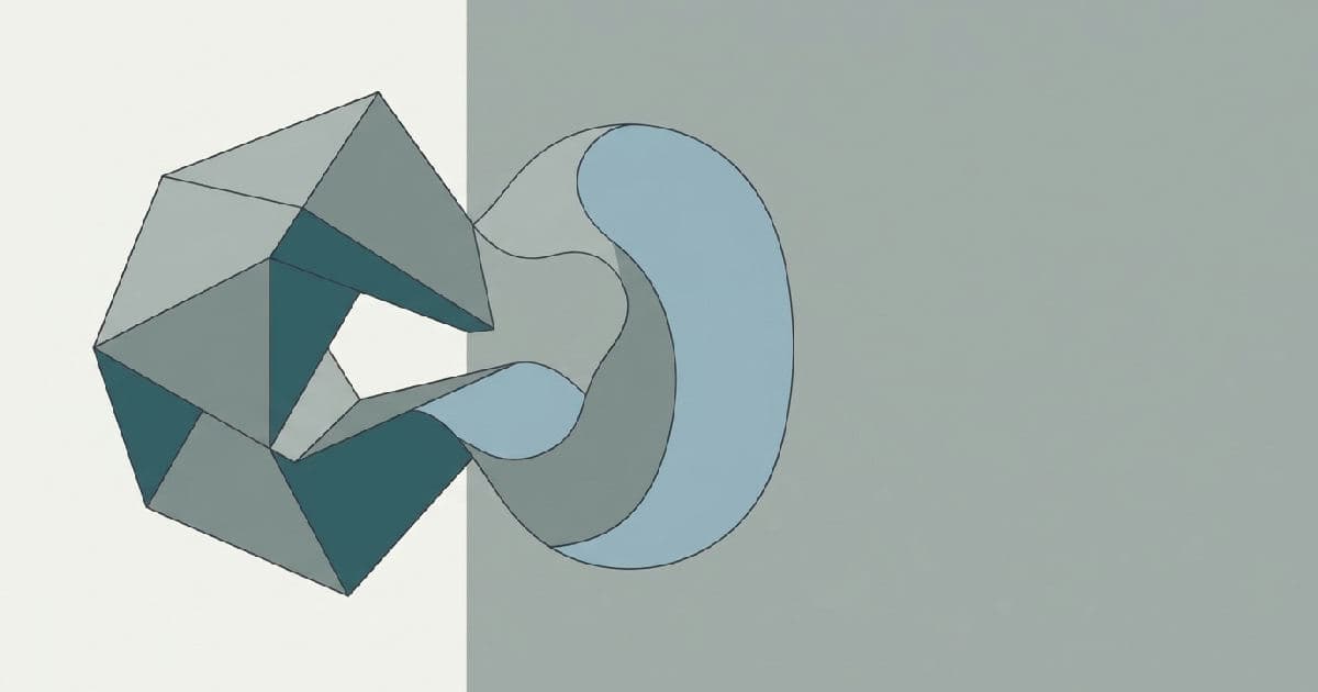 Two abstract interlocking shapes in muted tones with teal accent, representing financial convergence.