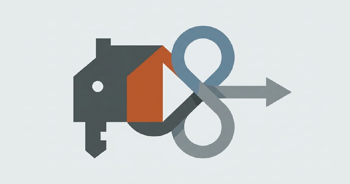 Two abstract shapes interlocking, representing property ownership and leasing models.