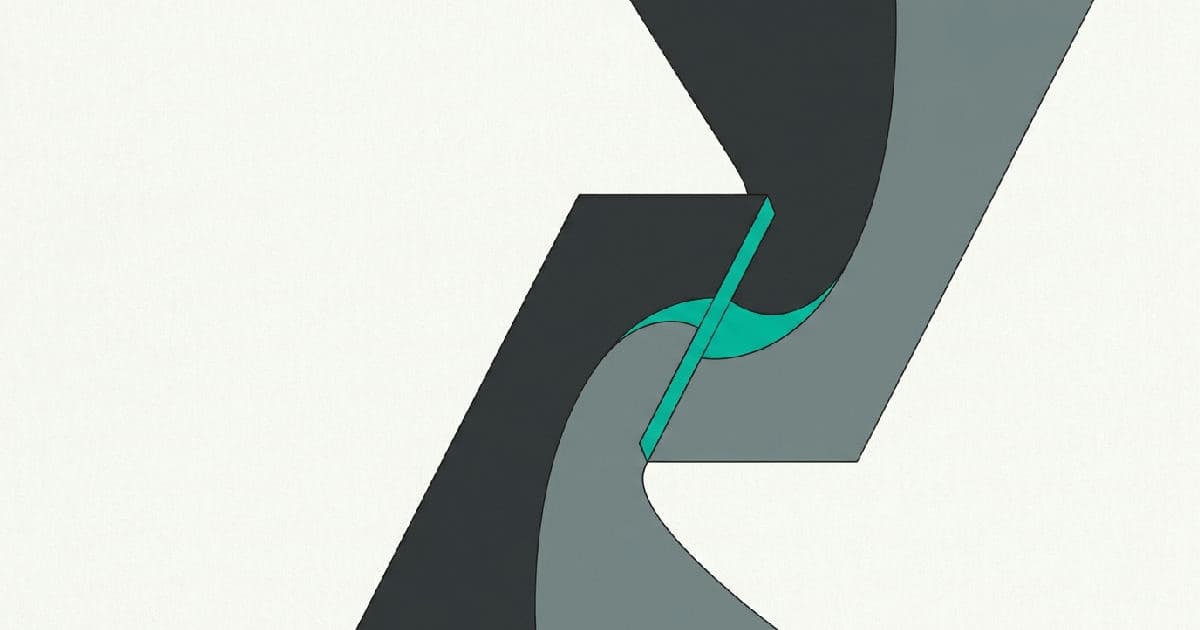 Two abstract shapes interlocking with a teal accent at their convergence point.