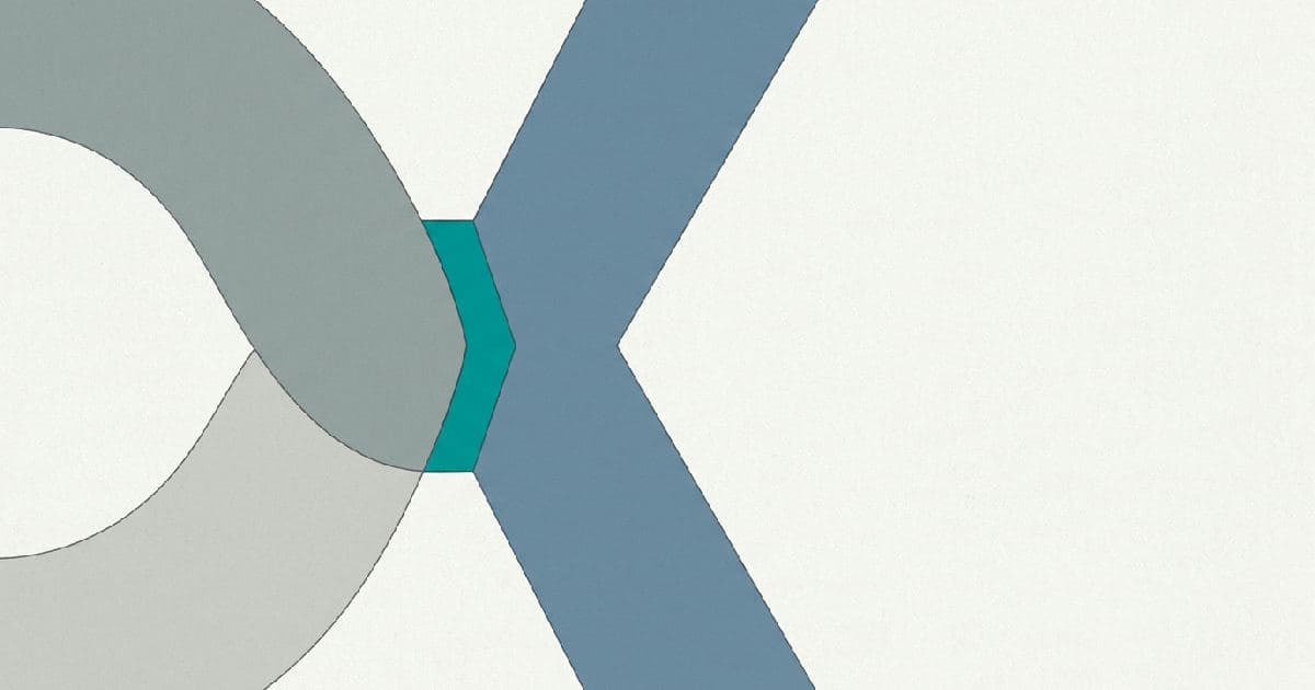Two abstract interlocking shapes in muted tones with teal accent at convergence point.