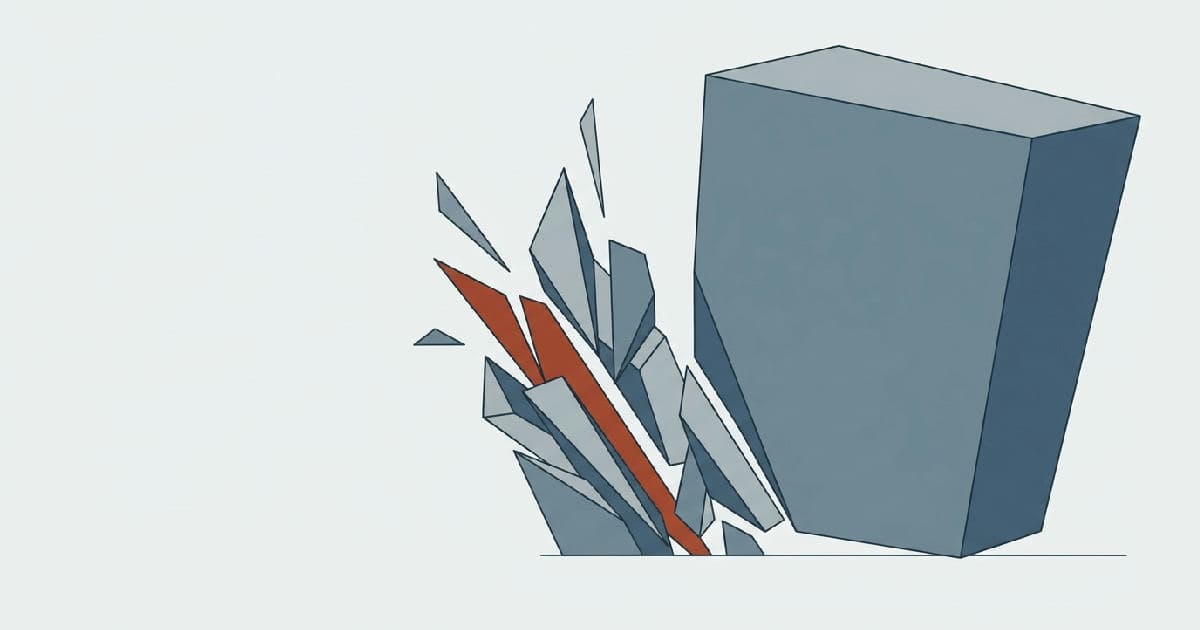 Two abstract geometric shapes in tension, one fractured, rendered in muted tones with rust accent.