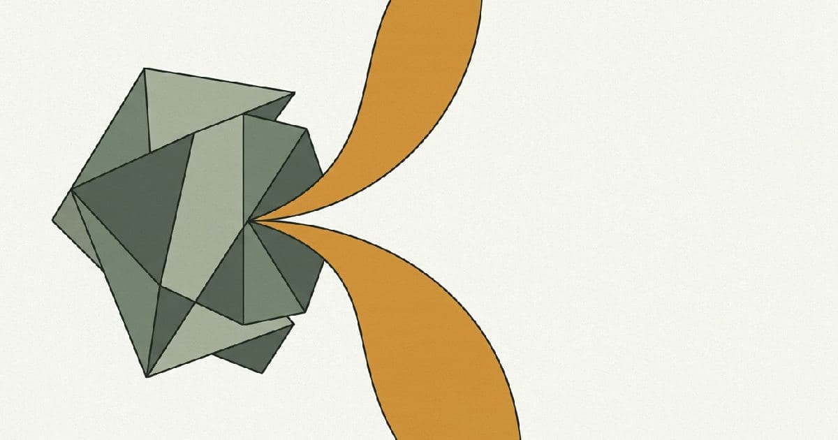Two abstract shapes interlocking in minimalist illustration style with muted tones.