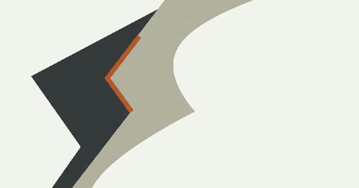 Two abstract shapes interlocking, muted tones with orange accent detail.
