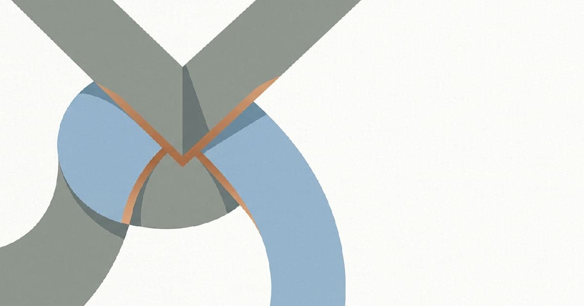 Two abstract geometric shapes interlocking in minimalist style, representing business convergence and partnership.