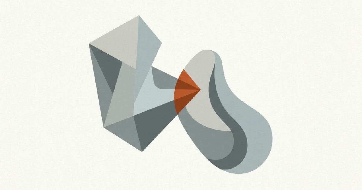 Two abstract shapes interlocking in minimalist illustration with muted colours and one accent tone.