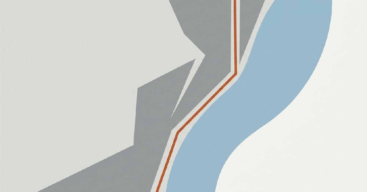 Two abstract shapes interlocking with a single accent colour between them.