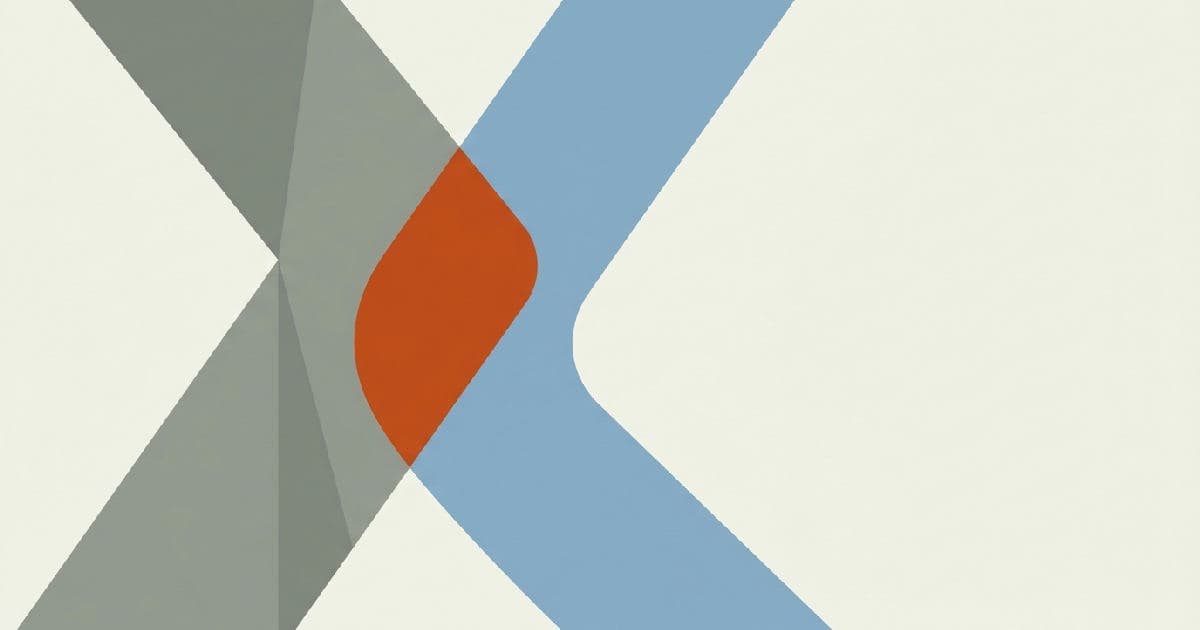 Two abstract shapes interlocking, one accent colour highlighting the convergence point.