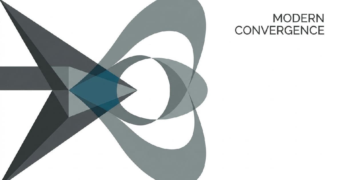Two abstract geometric shapes interlocking, minimalist illustration in muted tones with blue accent.