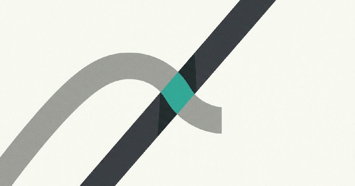Two abstract geometric shapes interlocking with a teal accent at their convergence point.