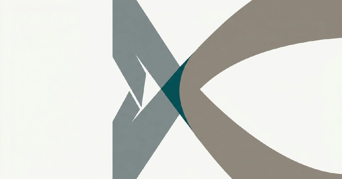 Two abstract shapes interlocking, one angular and one curved, with teal accent at centre.