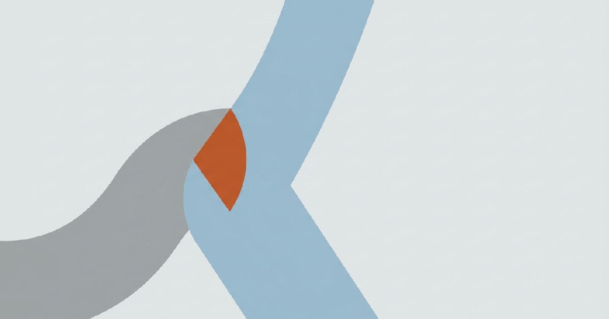 Two abstract geometric shapes interlocking, one curved and one angular, in muted tones with orange accent.