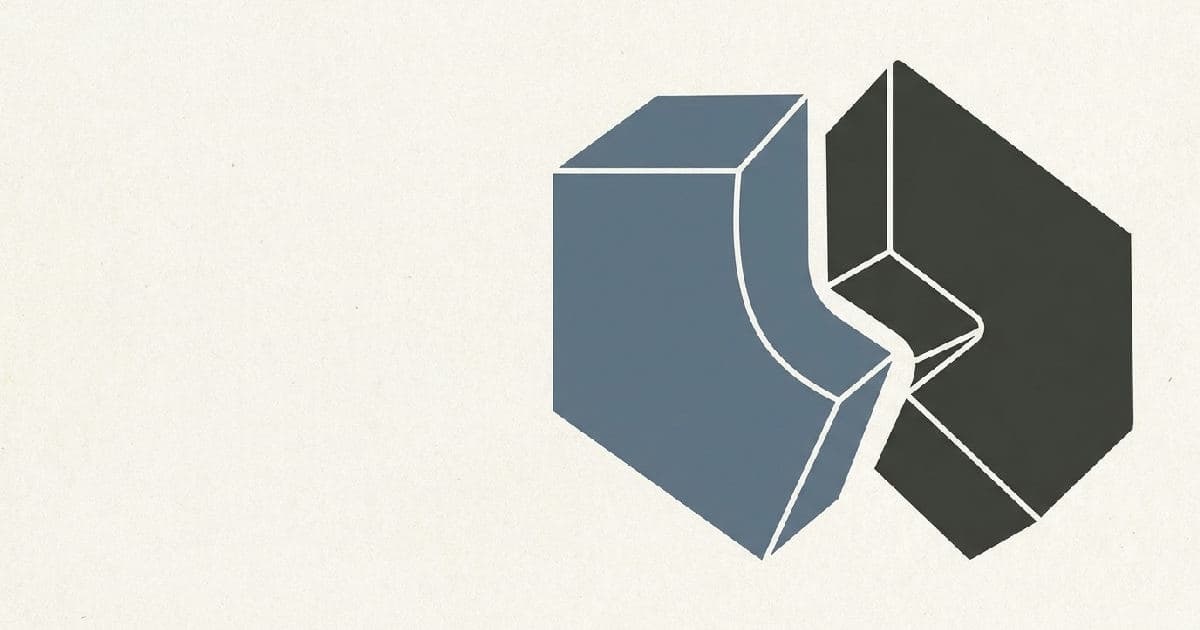 Two abstract geometric shapes interlocking in muted tones, representing a business merger or acquisition.