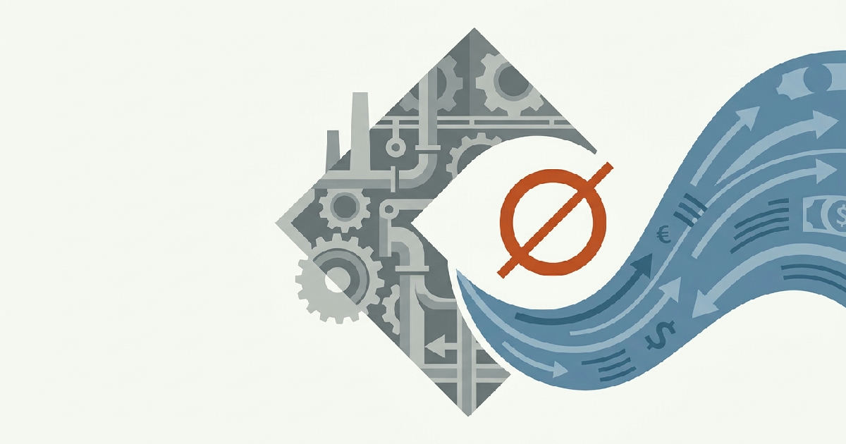 Two interlocking abstract shapes in muted tones with orange accent, representing business convergence.