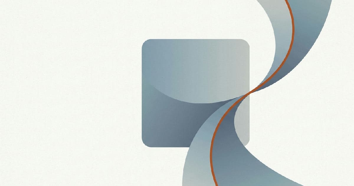 Two abstract geometric shapes interlocking with a burnt-orange accent line between them.