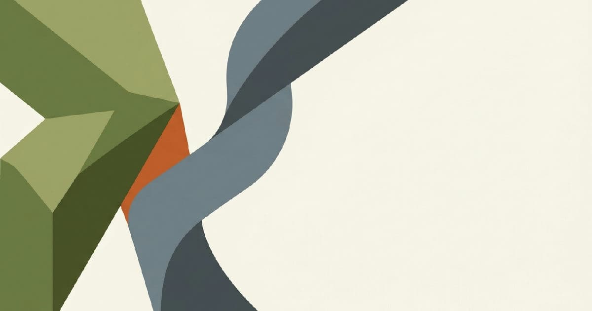 Two interlocking abstract shapes in muted tones with orange accent, representing a business merger or acquisition.