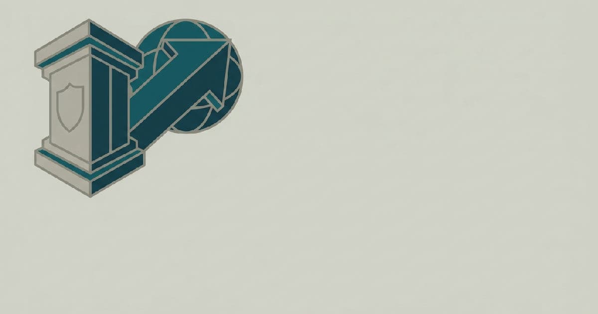 Two interlocking abstract shapes in muted tones with teal accent, representing business consolidation.
