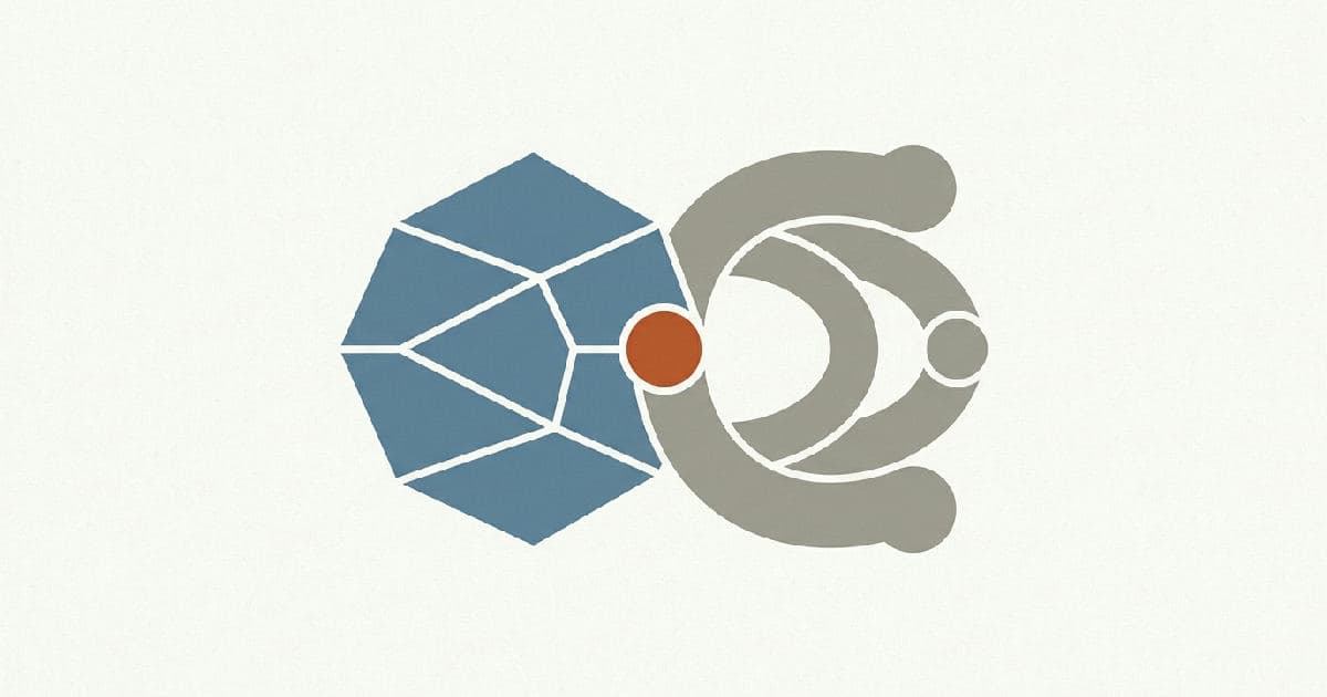 Two abstract shapes interlocking in minimalist illustration, muted tones with orange accent.