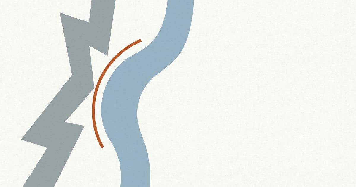 Two abstract shapes in muted tones with orange accent, positioned apart in minimalist illustration.