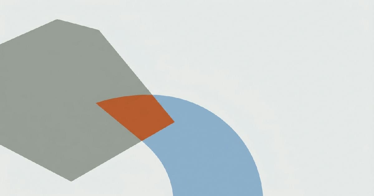 Two abstract shapes merging together in muted tones with an orange accent.