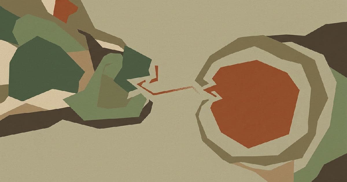 Two abstract shapes in muted tones with rust accent, positioned apart suggesting deal tension.