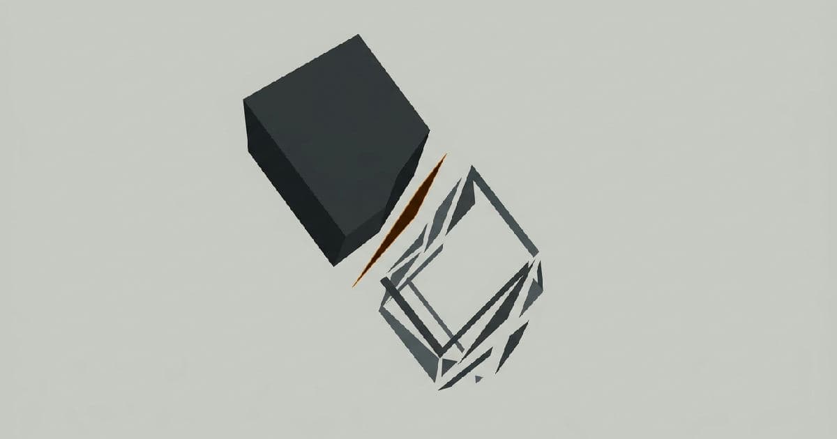 Two abstract shapes approaching but not fully interlocking, rendered in muted tones with amber accent.