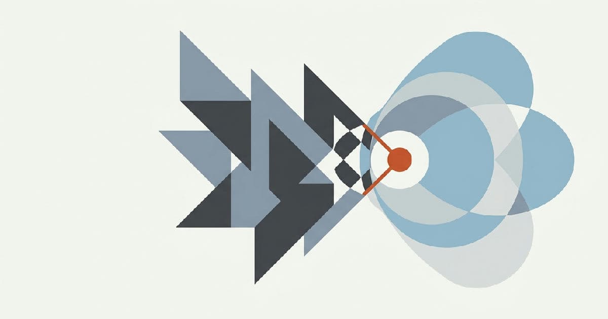 Two abstract shapes interlocking, muted tones with orange accent point where they meet.