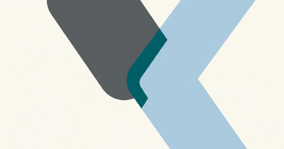 Two abstract shapes interlocking in muted tones with teal accent, representing a corporate merger.