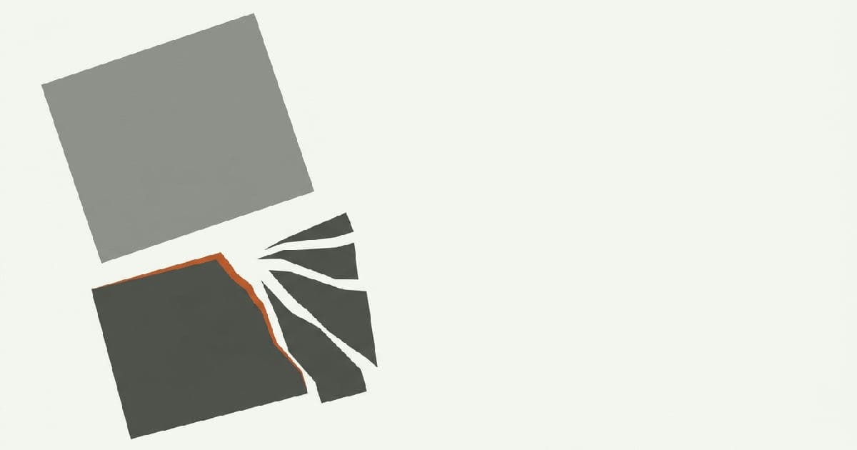 Two abstract shapes, one fractured, converging with an orange accent at the break point.