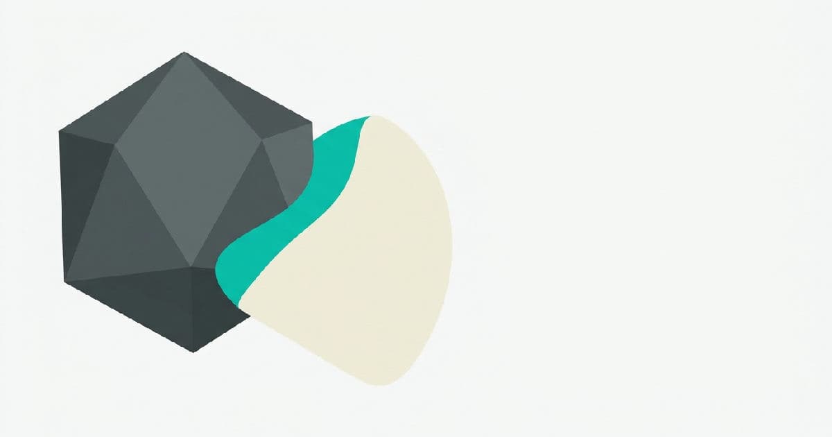 Two abstract shapes interlocking in muted tones with a teal accent at their convergence point.