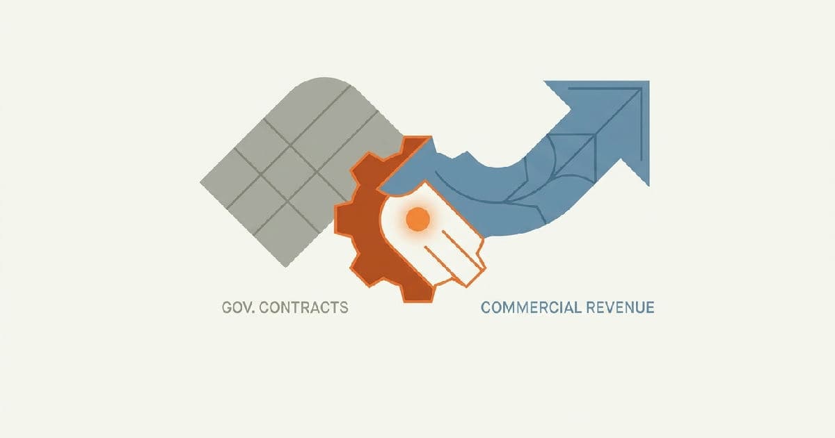 Two abstract shapes interlocking, representing government and commercial revenue streams converging.