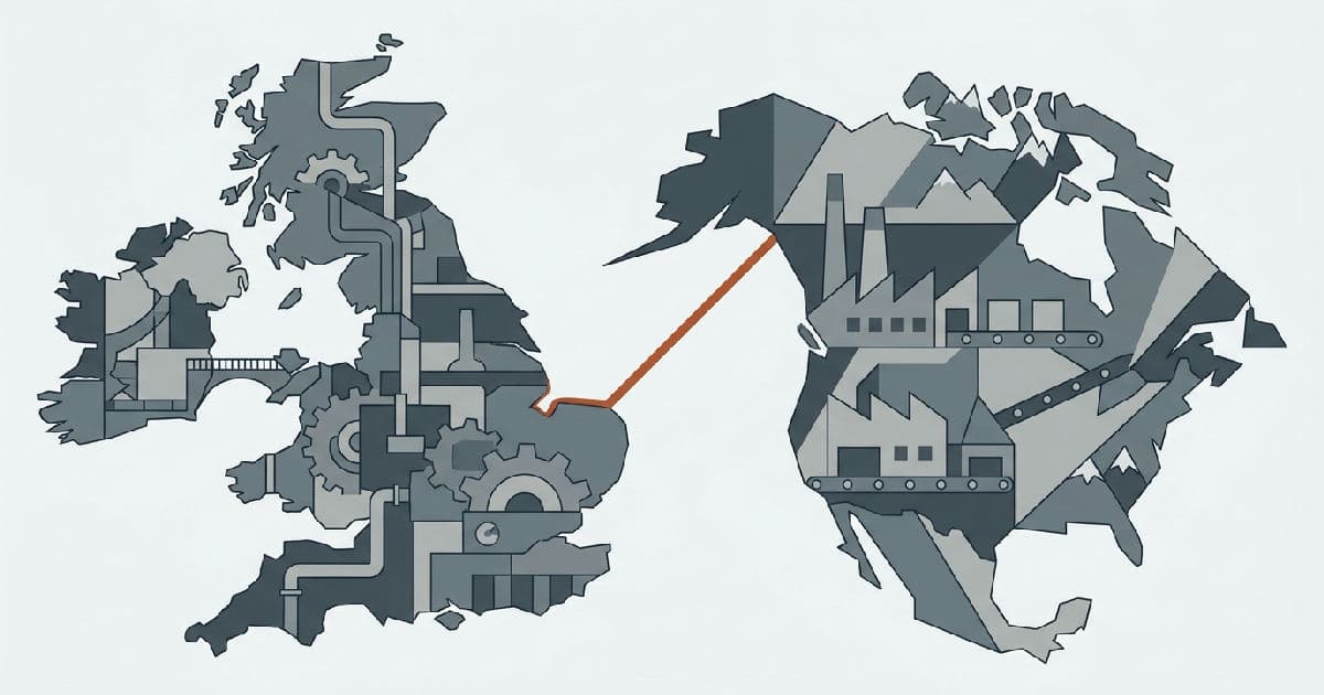 Two abstract shapes interlocking, representing UK and US manufacturing convergence.