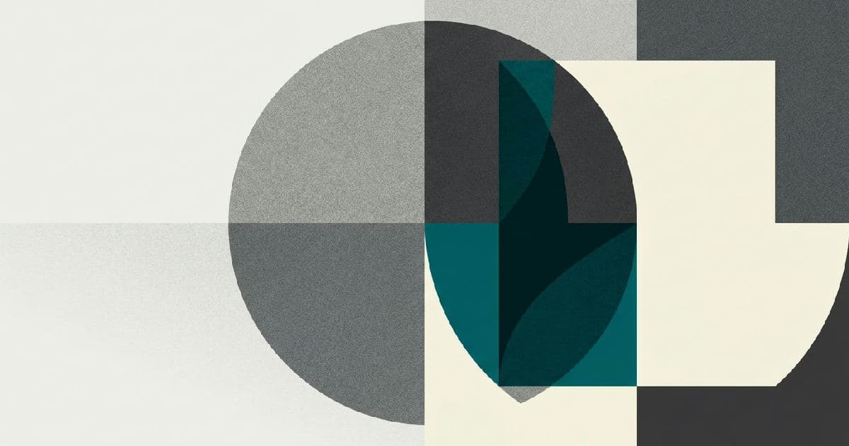 Two abstract geometric shapes interlocking in muted tones with a single accent colour at the convergence point.