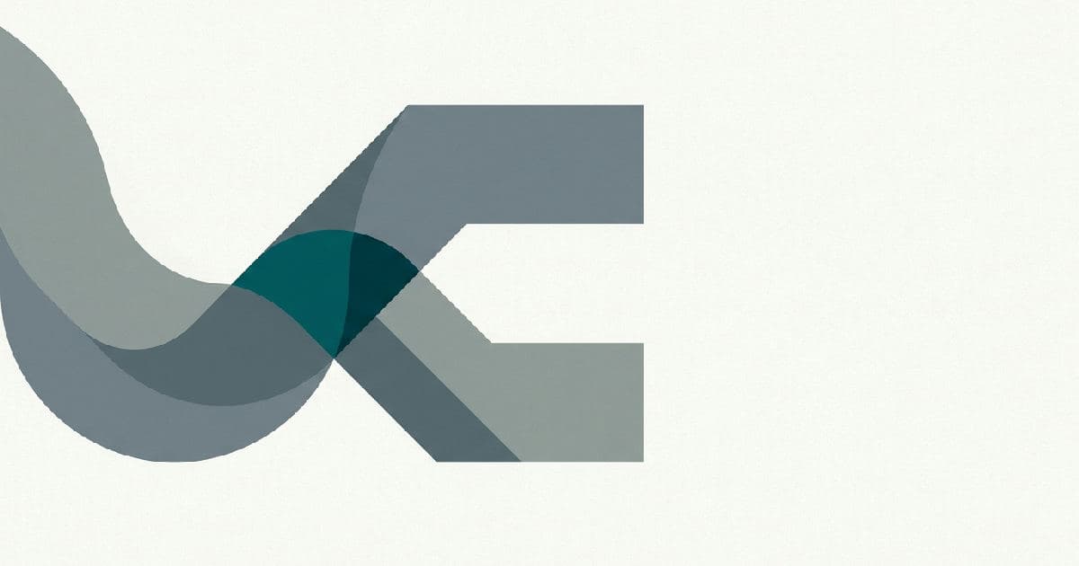 Two abstract shapes interlocking in minimalist vector style with muted tones and single accent colour.