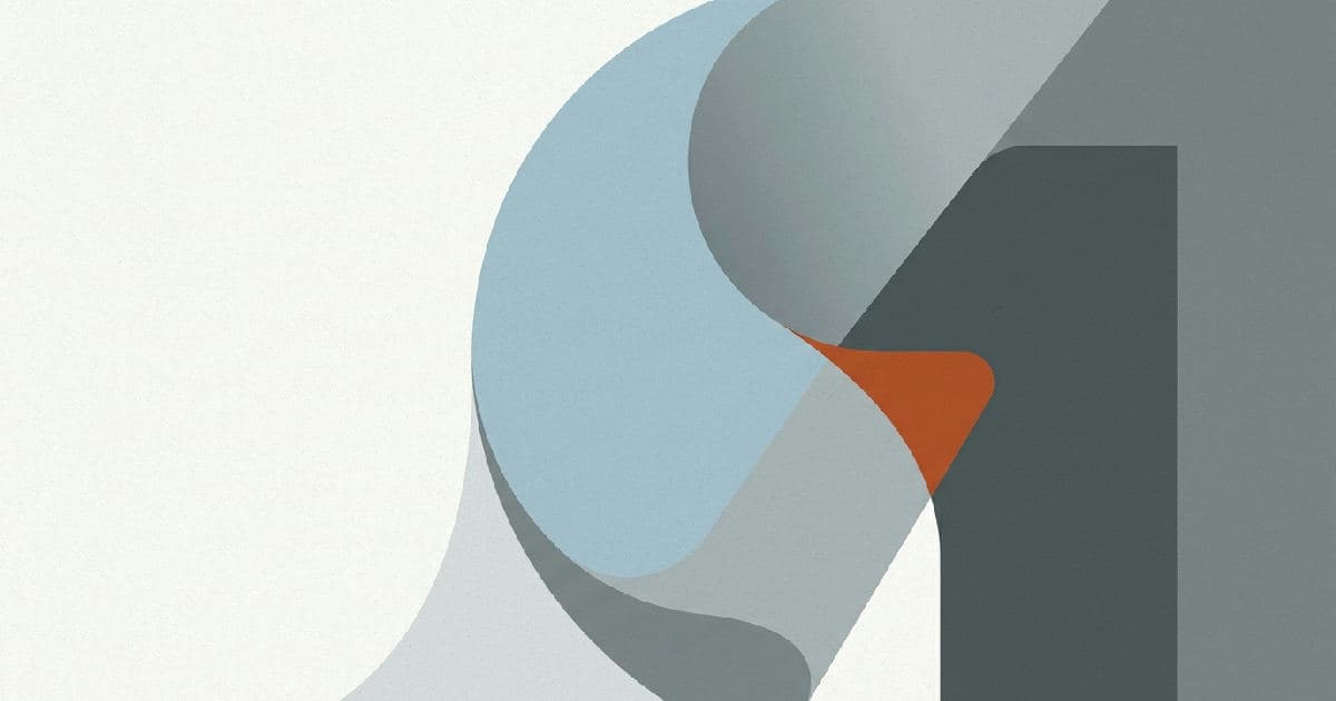 Two abstract geometric shapes interlocking, muted tones with orange accent at convergence point.