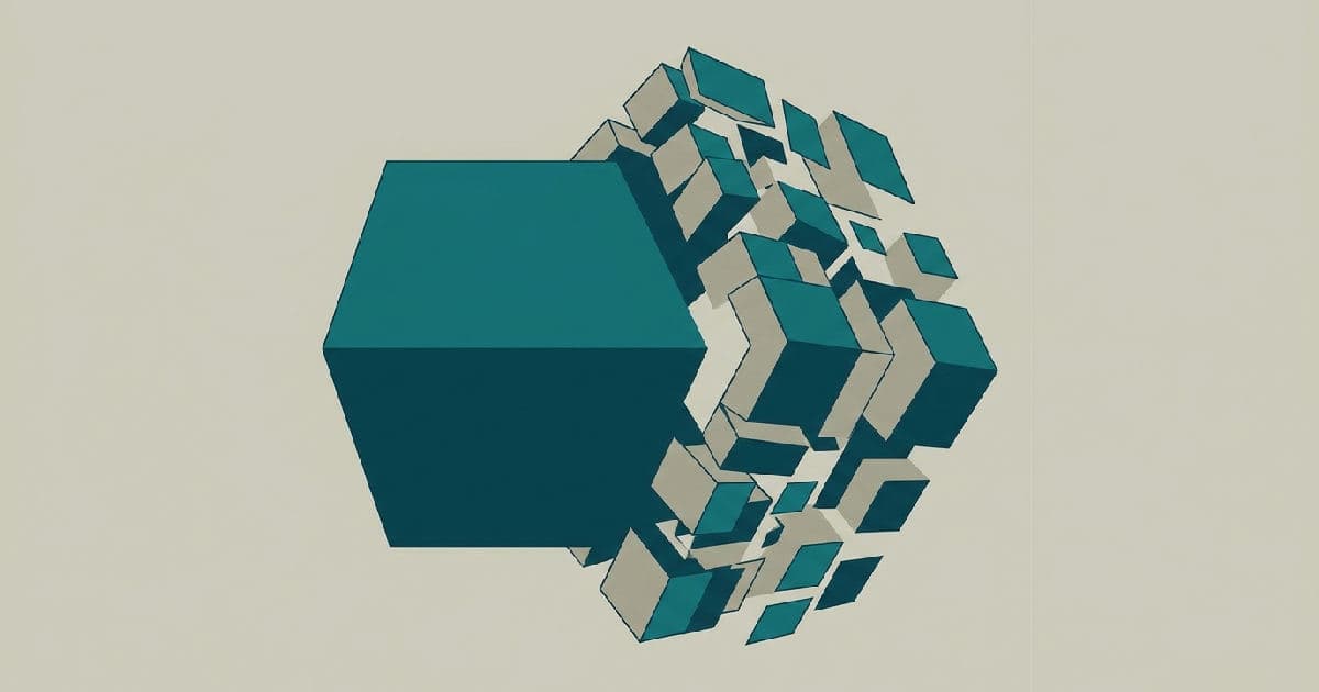 Two abstract geometric shapes converging, one fragmented and one solid, in muted tones with teal accent.