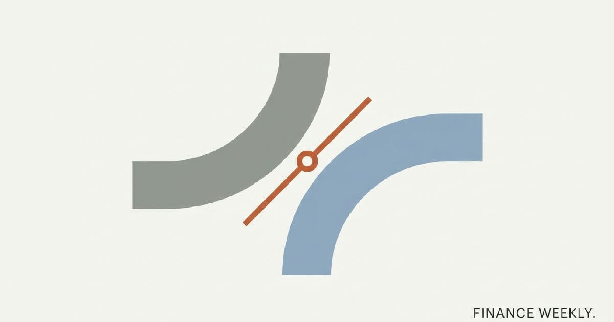 Two abstract shapes converging at centre point in muted colours with orange accent detail.