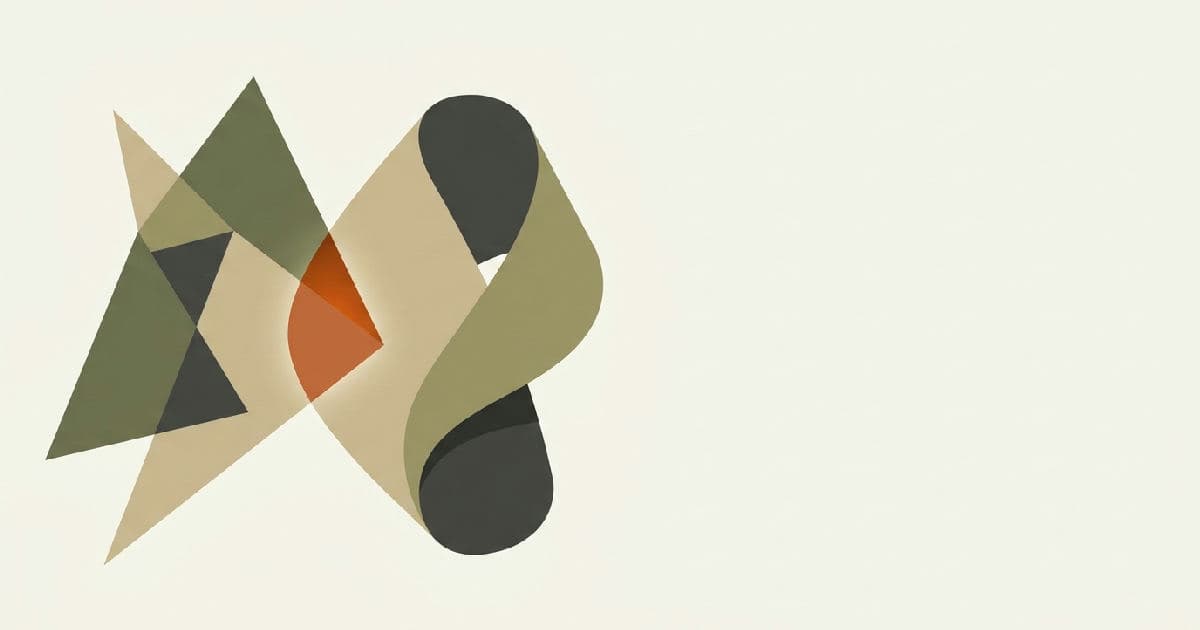 Two abstract shapes interlocking, minimalist illustration in muted tones with warm accent colour.