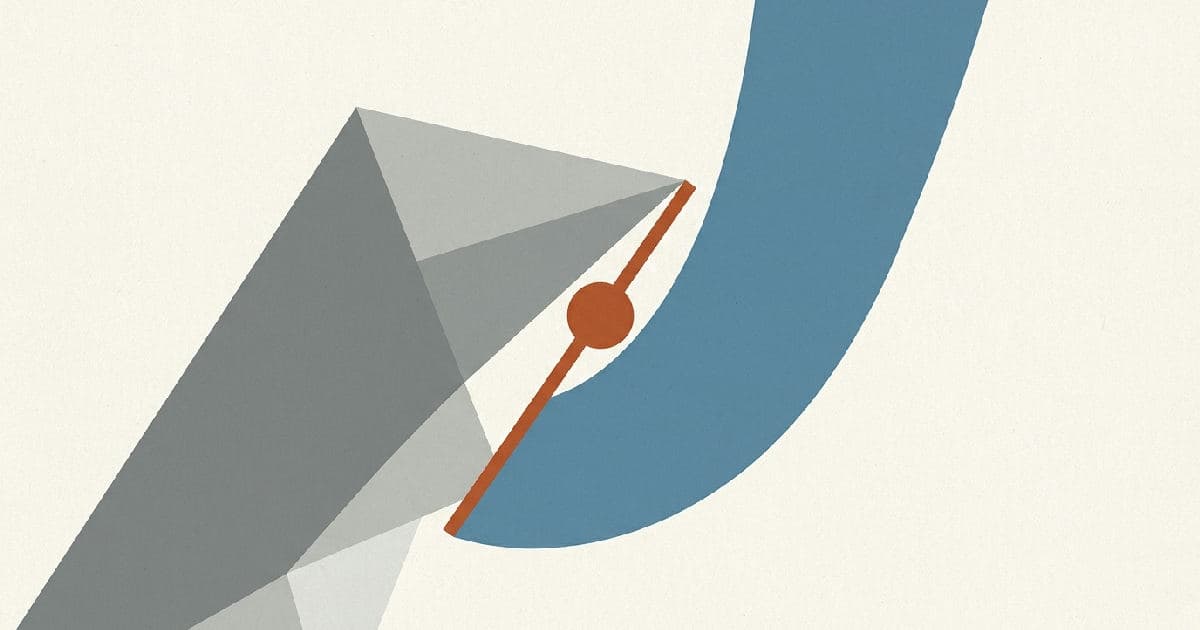 Two abstract shapes interlocking in minimalist style with muted colours and one accent tone.