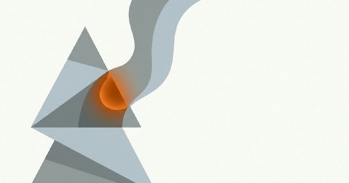 Two abstract shapes interlocking, muted colours with orange accent point where they meet.