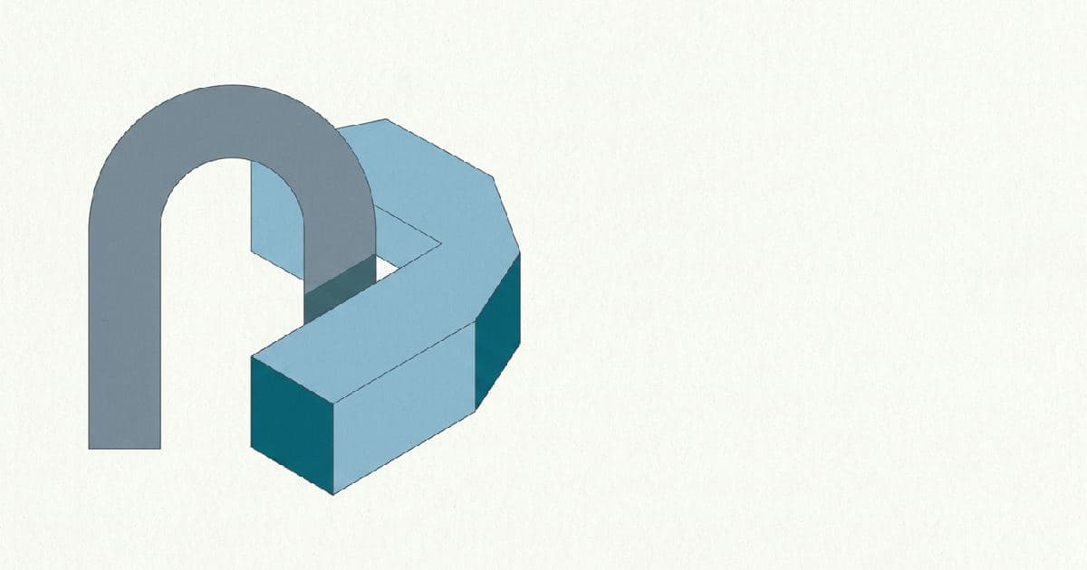 Two abstract geometric shapes interlocking in muted tones with teal accent.