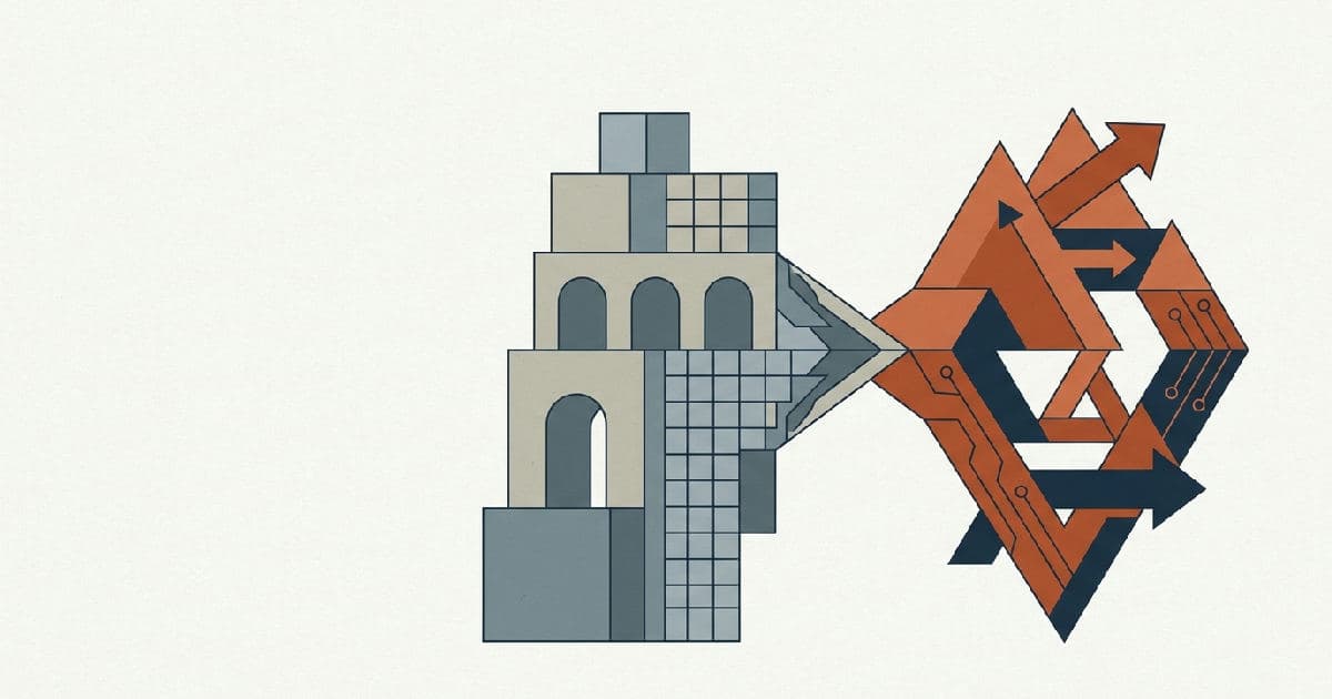 Two abstract shapes interlocking, representing public and private sector convergence in business deal structure.